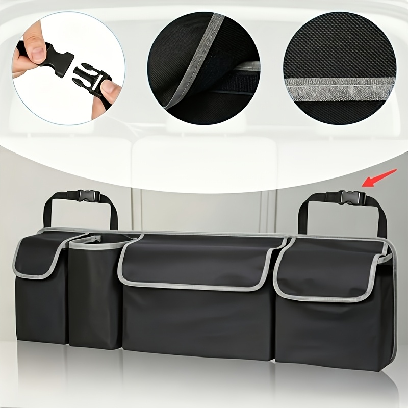 TEMU Multi-functional Car Trunk Organizer Bag, Oxford Material, With 4 Large Pockets And 2 Adjustable Straps, Universal Car Rear Seat Storage Bag For