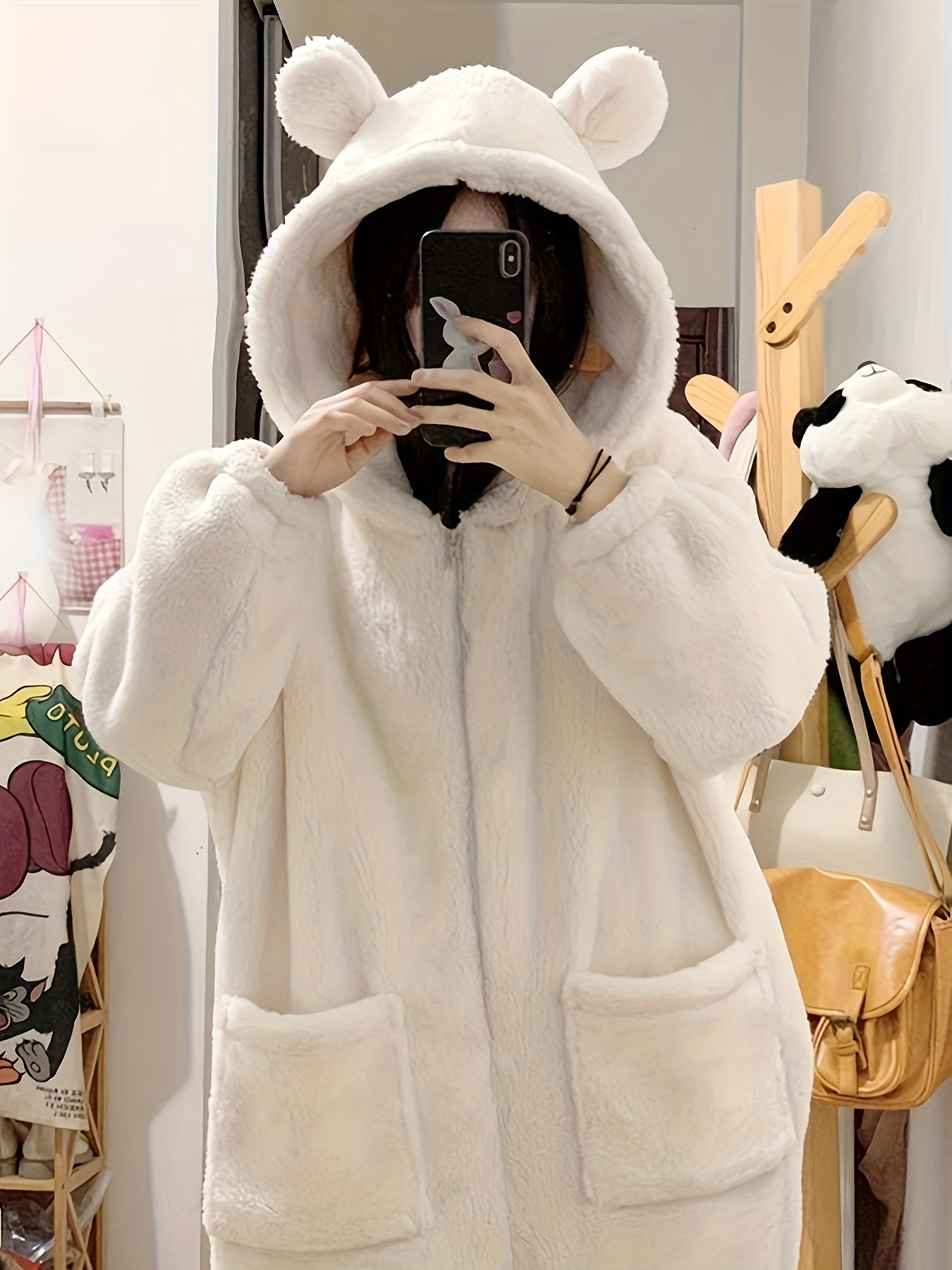 cozy coral fleece hooded pajama jumpsuit women cute white - Temu