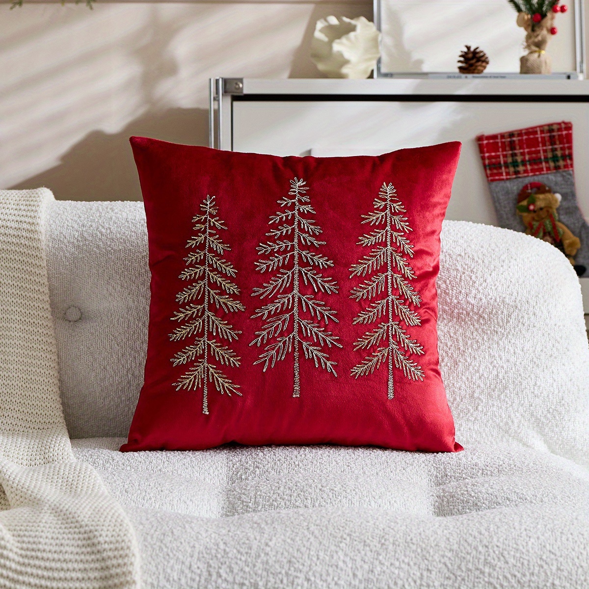TEMU 1pc, Velvet Christmas Pillowcase, Christmas Trees Throw Pillow Covers, 17.7*17.7inch, Single Side Embroidery, Suitable For Sofa, Living Room,