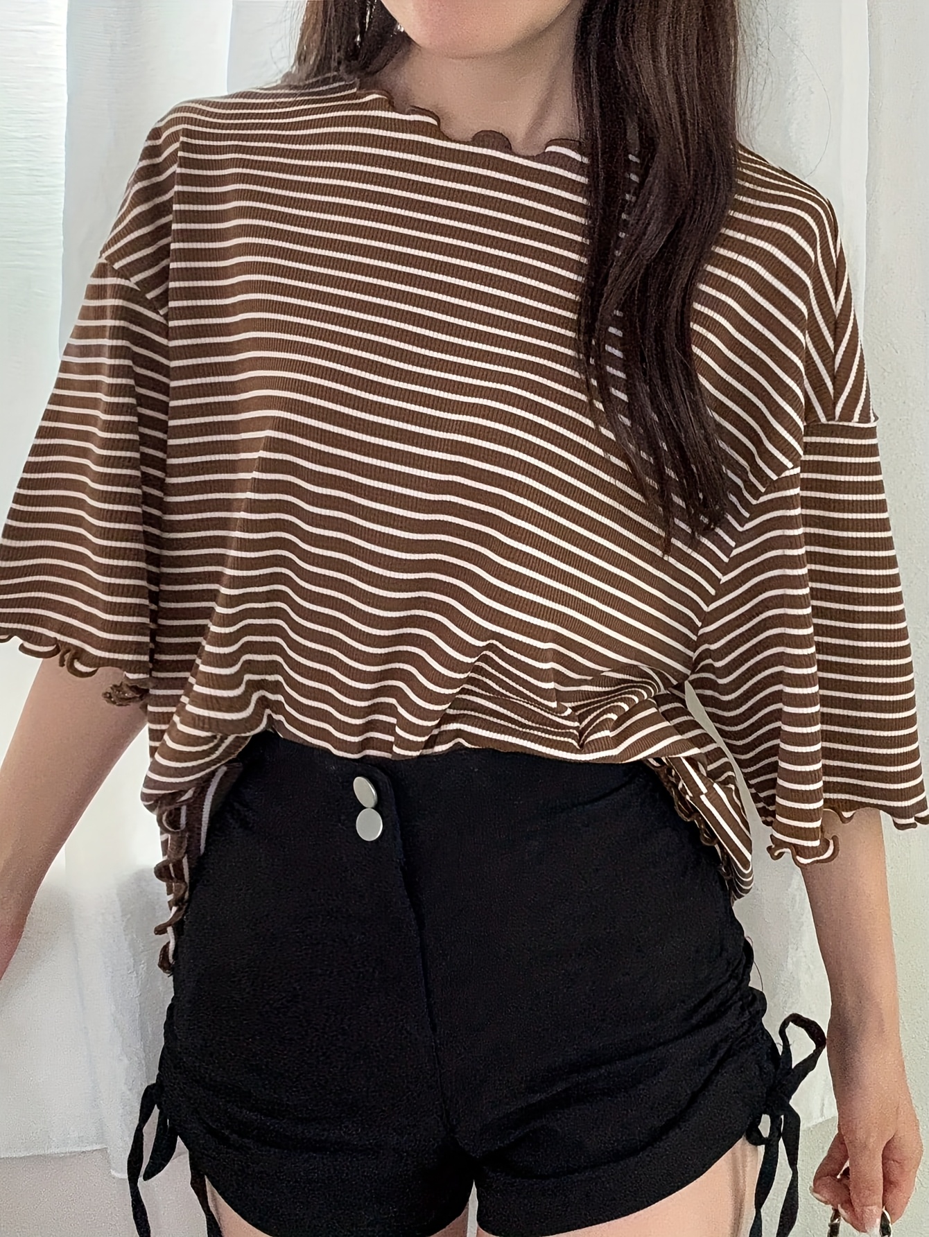 womens wavy   trim striped loose contrast trim short sleeve t shirt summer casual outdoor brown striped top short length