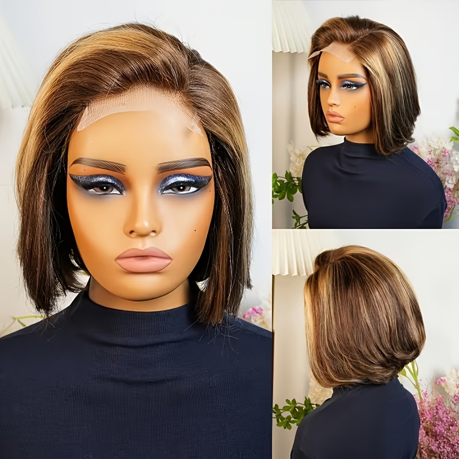 TEMU Perruque Bob Ombre en Cheveux Humains 4/27 avec Lace Front HD 4X4 | 25 cm (10 pouces) Brésilien, 150%, Ligne de Cheveux Naturelle, Mélange de et