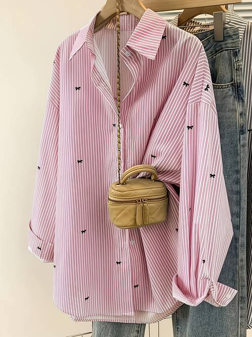 elegant special edition womens printed striped shirt long sleeve button shirt classic collar medium stretch and machine washable suitable for office or formal events casual