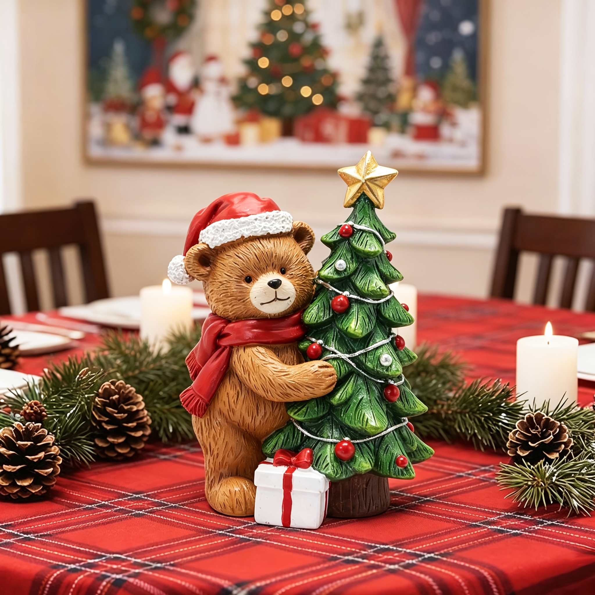 TEMU 1pc Christmas Retro Bear Resin Decorative Statue - Teddy Bear Double Arm Christmas Tree Gift Box Decoration, Suitable For Home Desktops,
