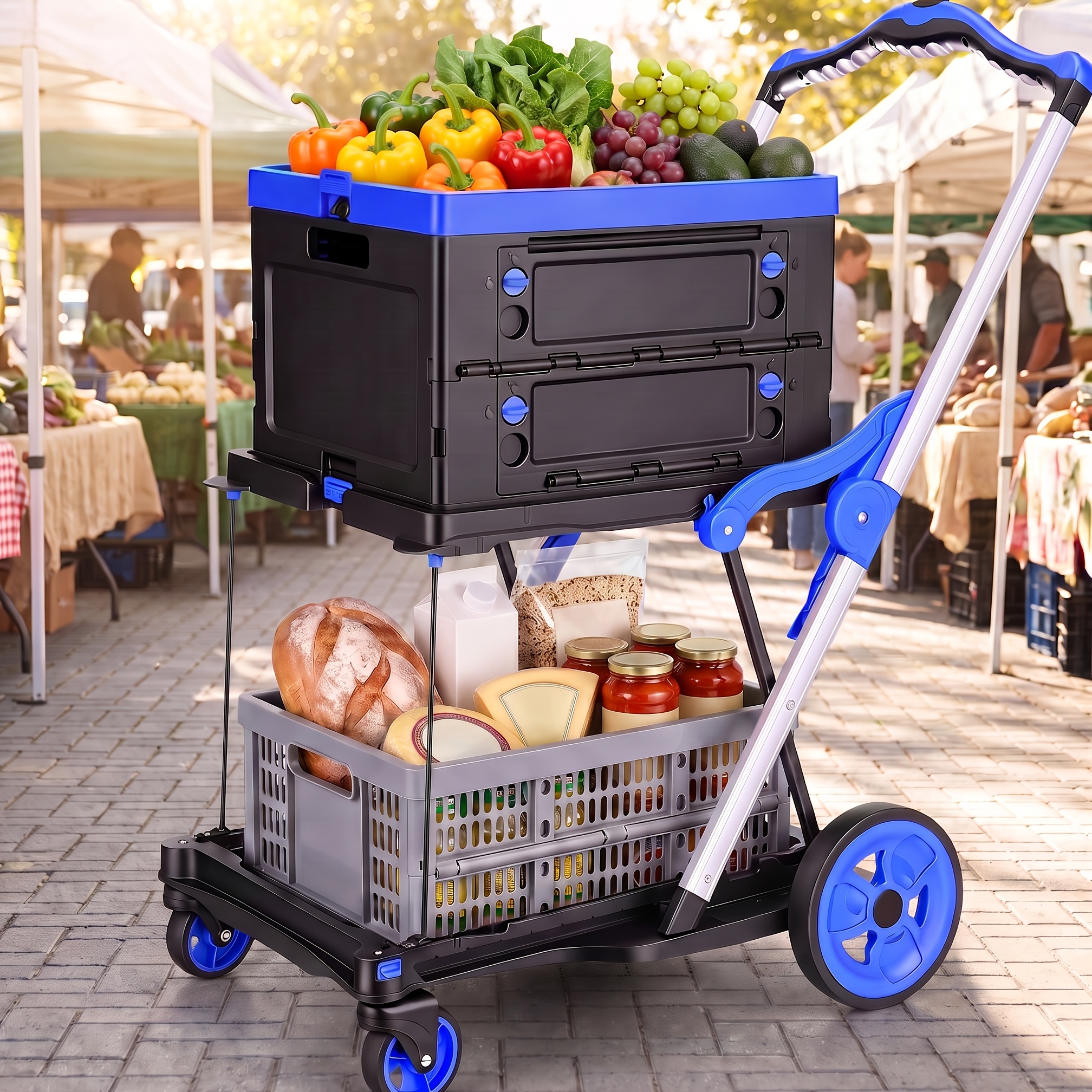 Image of Double-layer Folding Wheeled Shopping Cart, Portable Shopping Cart With Foot Brake And Side Aisle Basket, Adjustable Handle, Load 90 Kg, Suitable For Groceries, Offices, , Supermarkets