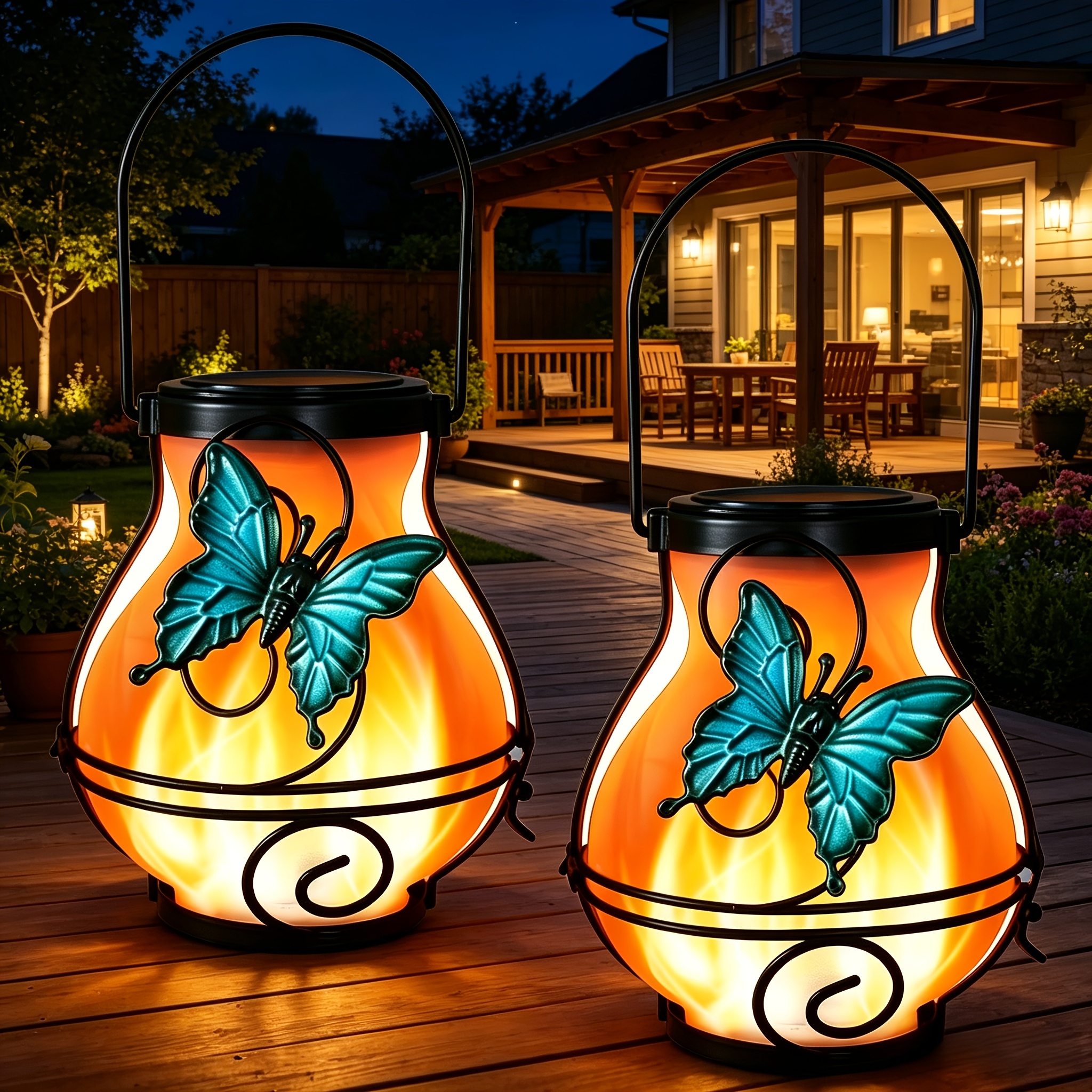 TEMU 2 Pack Outdoor Solar Flame Lantern Set, Outdoor Hanging Solar Flickering Flame Lights (metal), Halloween Decorations And Outdoor Decor For