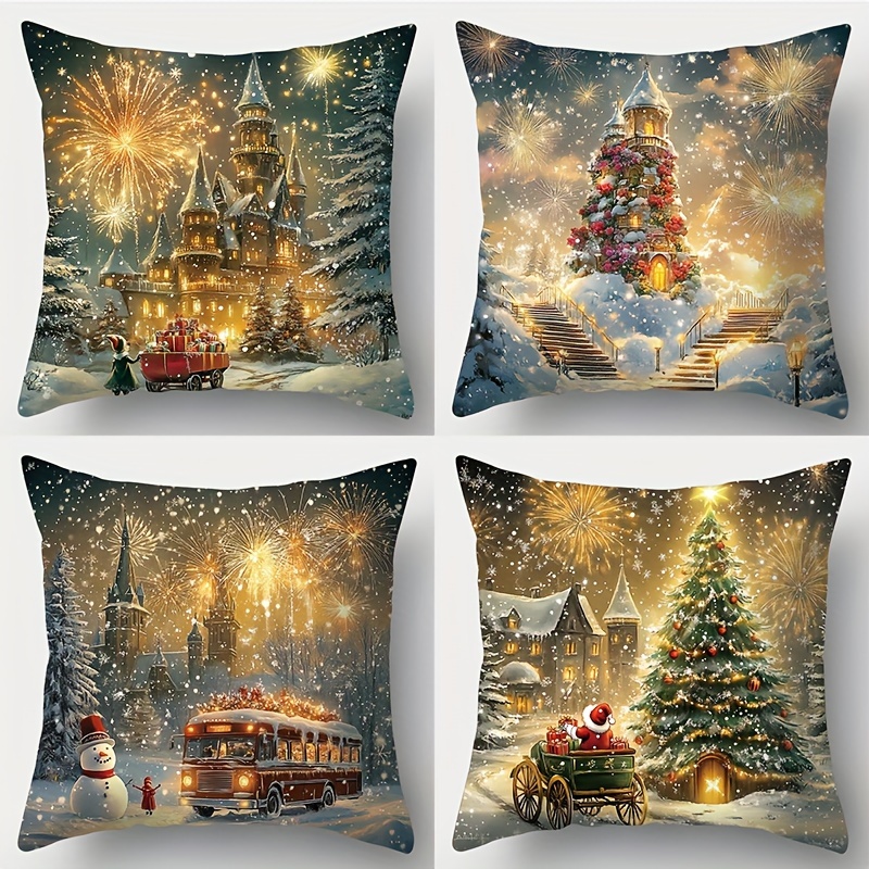 

Set Of 4, Christmas, Snowman, Santa Claus, Castle And More Patterned Pillowcases. Room Decoration, Living Room Decoration, Sofa Decoration, Pillow Not Included.