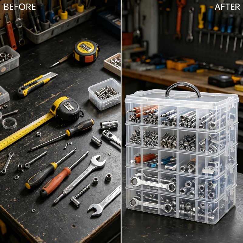 7pcs Set: 6 Containers with 1 Lid, Transparent Storage Box with Lid and Handle, Snap Closure Design, Clear Tool Organizer, Household Screw, Wrench, and Hardware Accessories Sorting Box, Storage Container, Portable Divided Organizer Tray