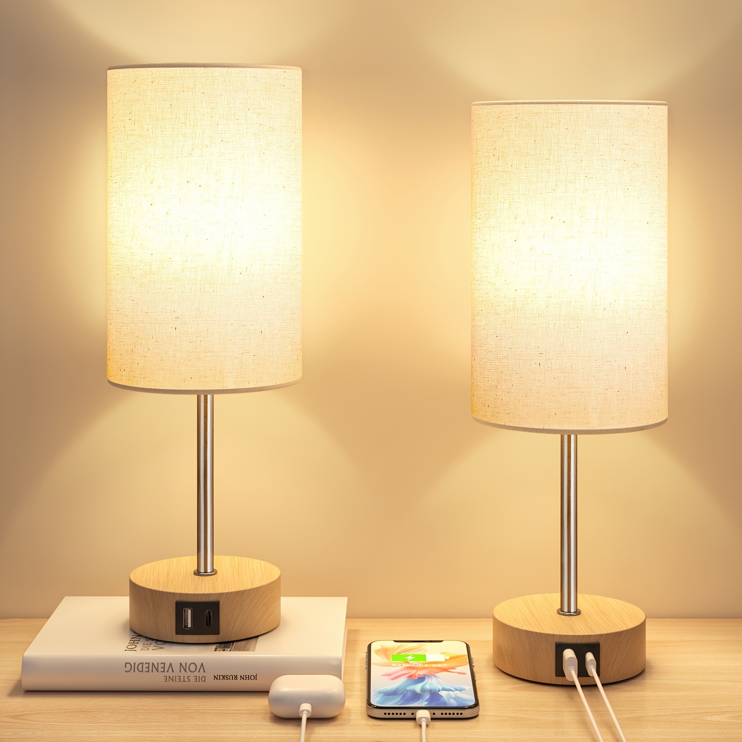 

2-pack -controlled Table Lamps, 3-way Dimmable 14" Drum-shaped Desk Light With Dual Usb , 3000k Soft , Polished Metal & Plastic, For Bedroom, Living Room, Office - 110v-127v, 2 Led Bulbs Included