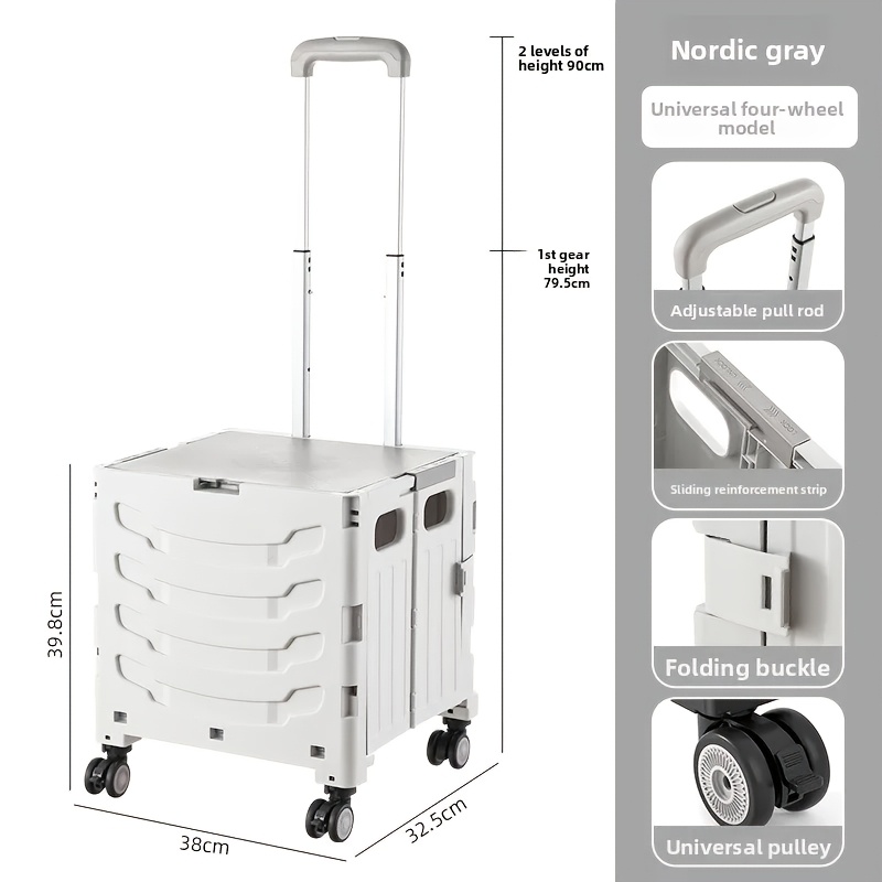 Image of Foldable Shopping Cart, Collapsible Portable Utility Cart, Bag With Magnetic Lid, Rolling Bin With Extendable Handle, Wheels, Lightweight Storage Basket - White