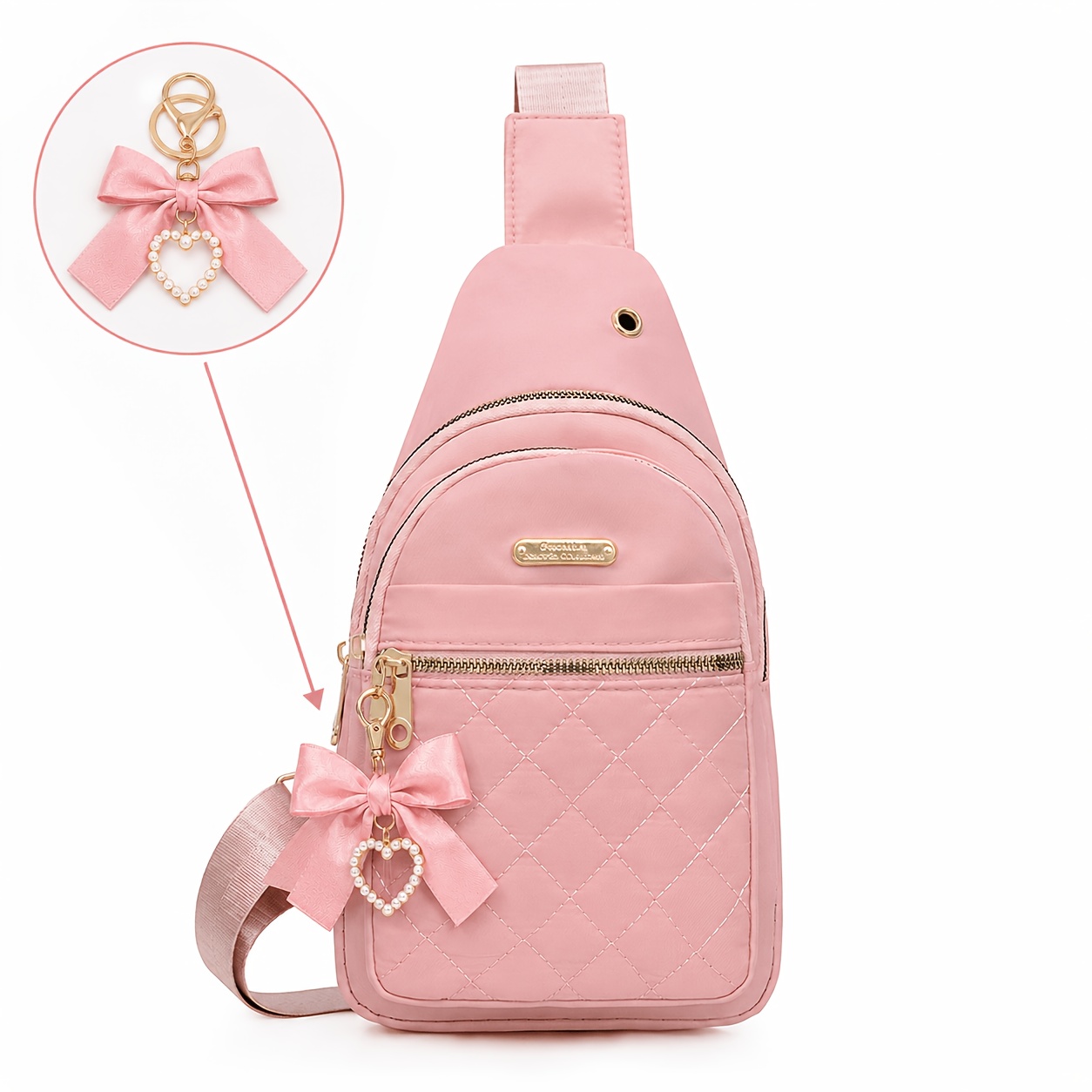 TEMU 2pcs Sling Crossbody Bag With Bow Keychain For Women, Quilted Chest Bag With Adjustable Strap And Front Zip Pocket, Small Shoulder Backpack For
