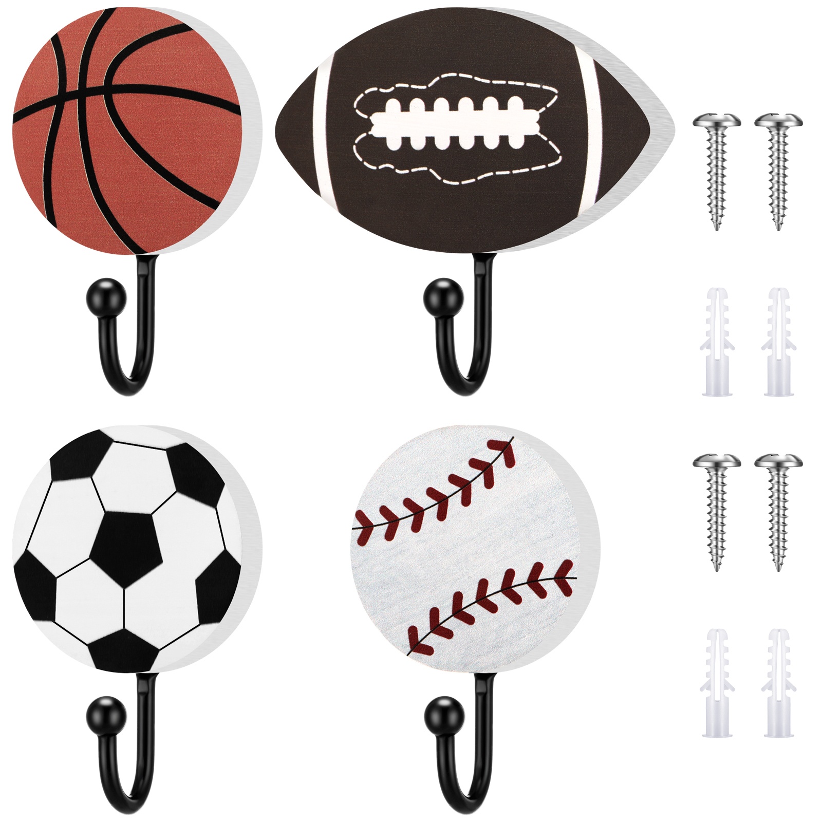 4 baseball football basketball coat hooks with towel rack metal wall mounted hooks suitable for sports fan themed room decor for cave locker room   with screws included