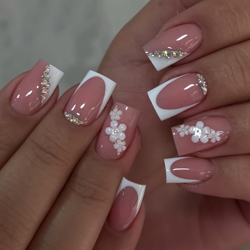 TEMU 24pcs Short Square Press On Nails Nude Pink 3d Flower Rhinestone Design Elegant Bridal Style Glossy Full Cover Reusable Fake Nails Nail Tips