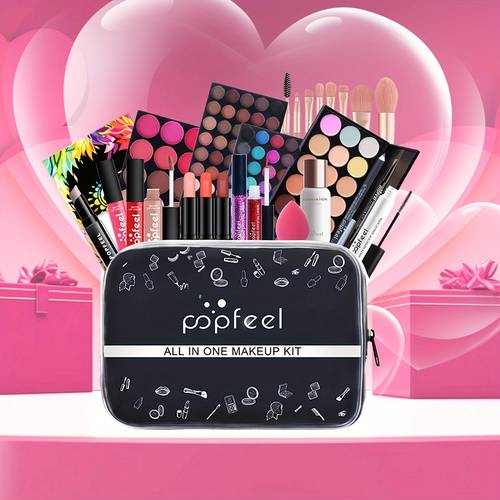 make up set eye shadow dish mouth red concealer powder blusher eye black eyeliner pen flour lip gloss brush cosmetic gift box for ladies and ladies mothers day gift