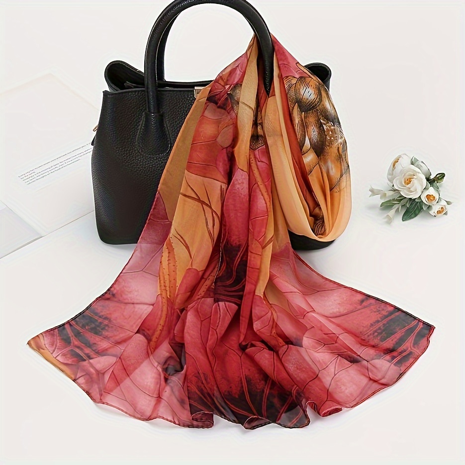

Large Lotus Print Chiffon Scarf Vintage Plain Breathable Shawl Women Outdoor Windproof Gauze Head Wrap Thin Travel Beach Towel For Spring & Summer