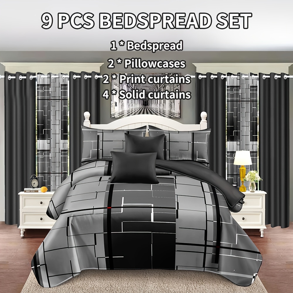 TEMU 9pcs Bedding Set:1pc Bed Cover, 2pcs Pillowcases, 2pcs Printed Curtains, 4pcs Solid Curtains, Queen/king/cal King Size, Grey, Bedroom Comforter