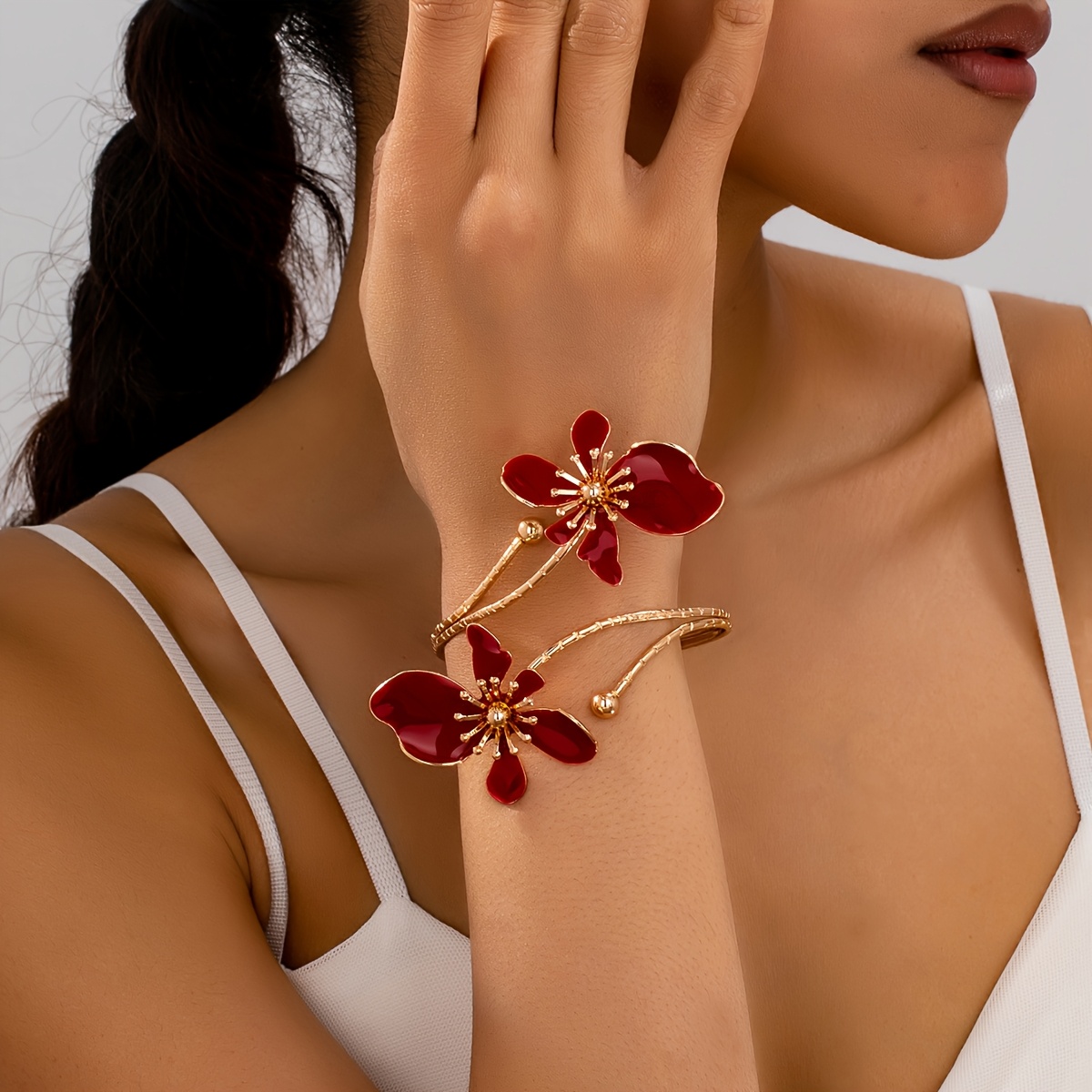Floral Open Cuff Bracelet Red & Gold Iron Bangle