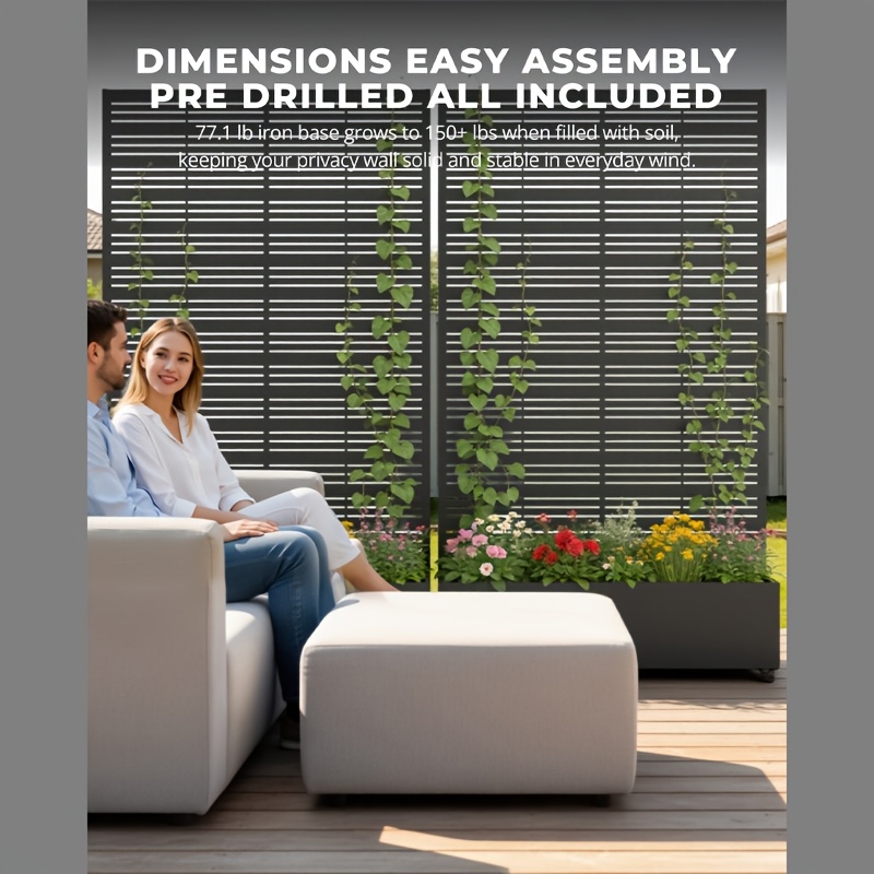 Privacy Fence with Planting Boxes Encrypted Metal Mesh Privacy Screen Black/Wood Grain Weather-Resistant Outdoor Fence Panels Ideal for Backyard Patios, Gardens, And Balconies Safety Barrier Protective Cover Create Outdoor Living Spaces And Decor