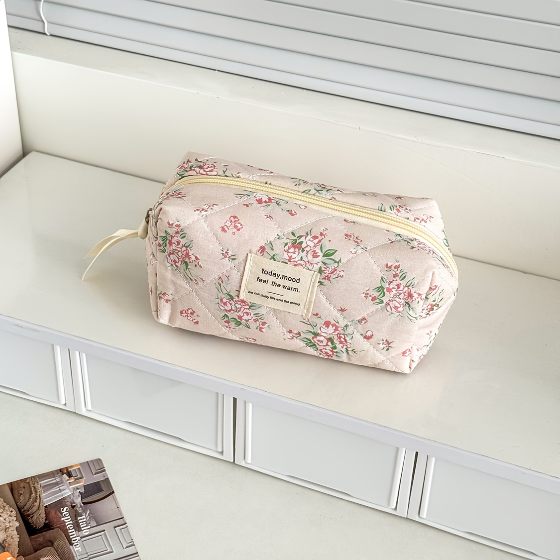 TEMU Pink Rose Floral Quilted Makeup Bag, Gentle Style Zipper Storage Pouch, Portable Travel Toiletry Bag