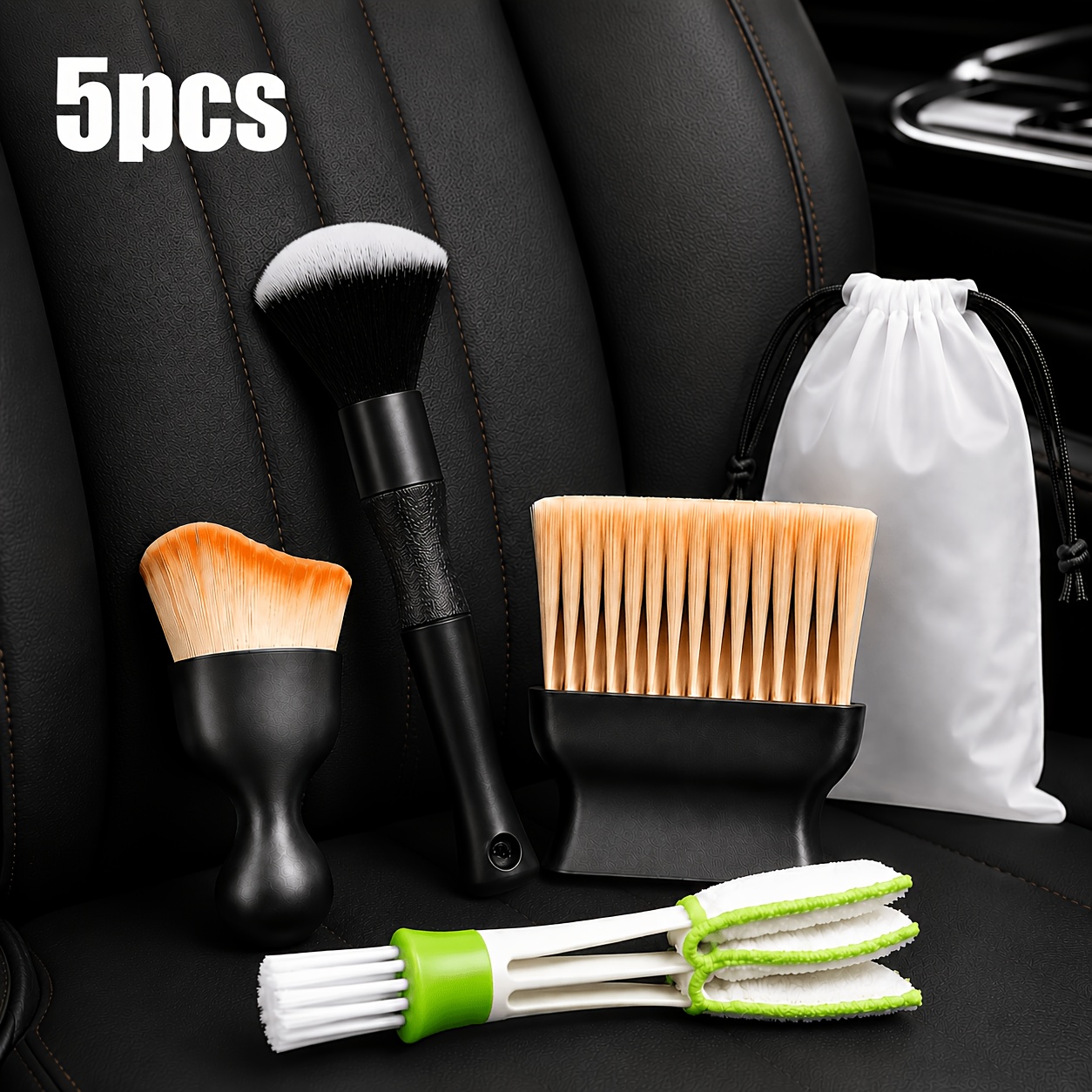 TEMU 5pcs Complete Car Interior Detailing Kit, 4pcs Soft Cleaning Brushes With Portable Storage Pouch For Dashboard, Air Vents, Console, Seat