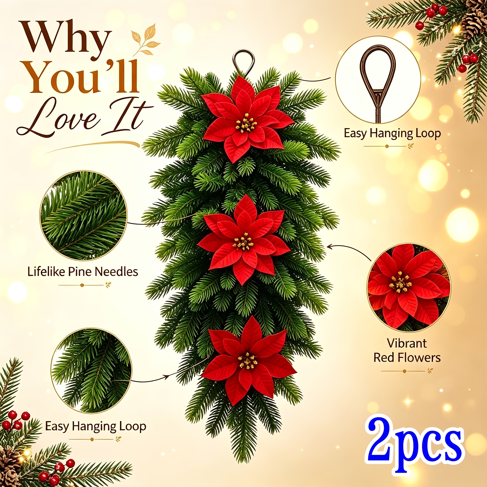 TEMU [pendants] 2pcs 24-inch Large Luxurious Red Flower Cedar Hanging Decorations, 6pcs Super Large Grade Flowers, Anti-uv, Perfect Christmas