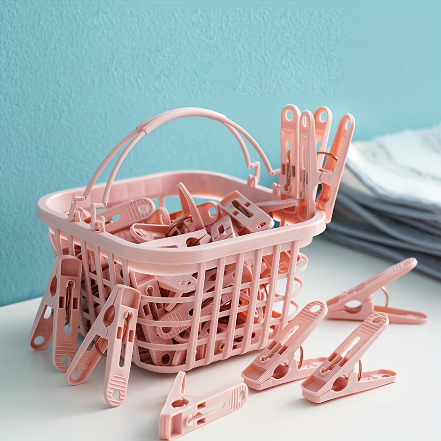 

30pcs Windproof Clothespins With Storage Basket - Durable Plastic, Ideal For Drying Socks & Hats, Food Bag Sealing