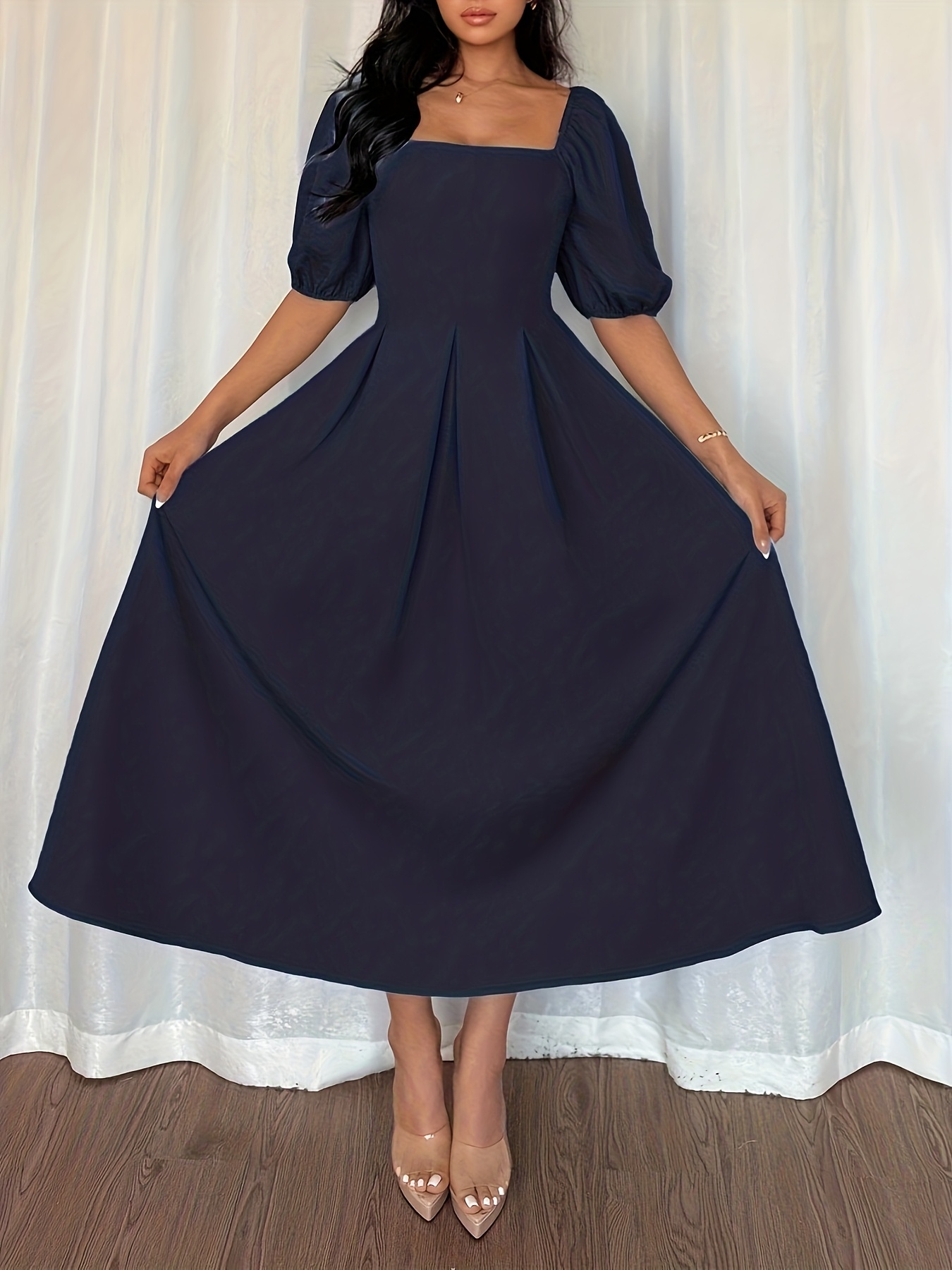 solid color dress square neckline puff sleeves short sleeves