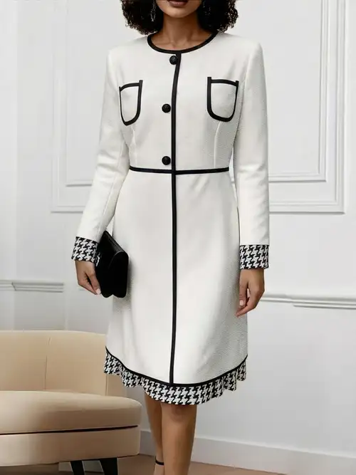 A lady's elegant color-blocking long cardigan * with a high-waisted checkered print dress, a * for a ball or banquet gown A lady's elegant color-blocking long cardigan * with a high-waisted checkered print dress, a * for a ball or banquet gown