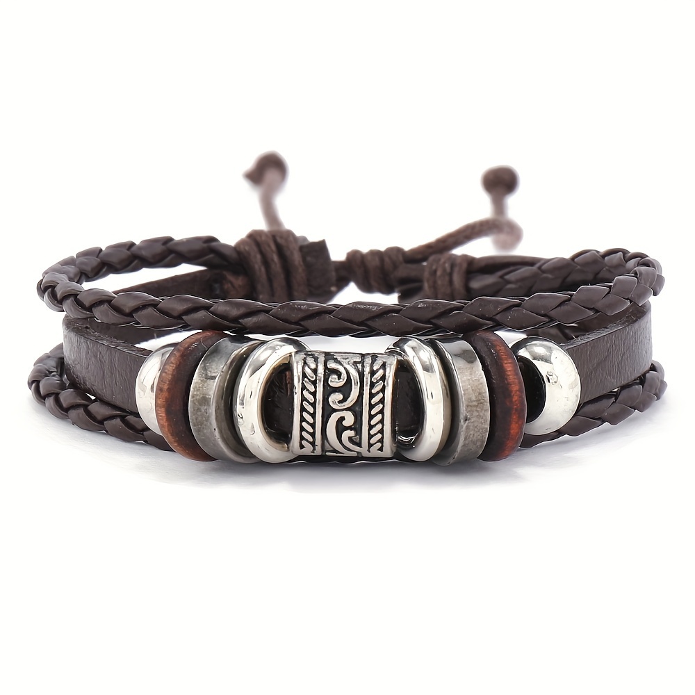 6pcs Retro PU Leather Beaded Bracelets Set for Men