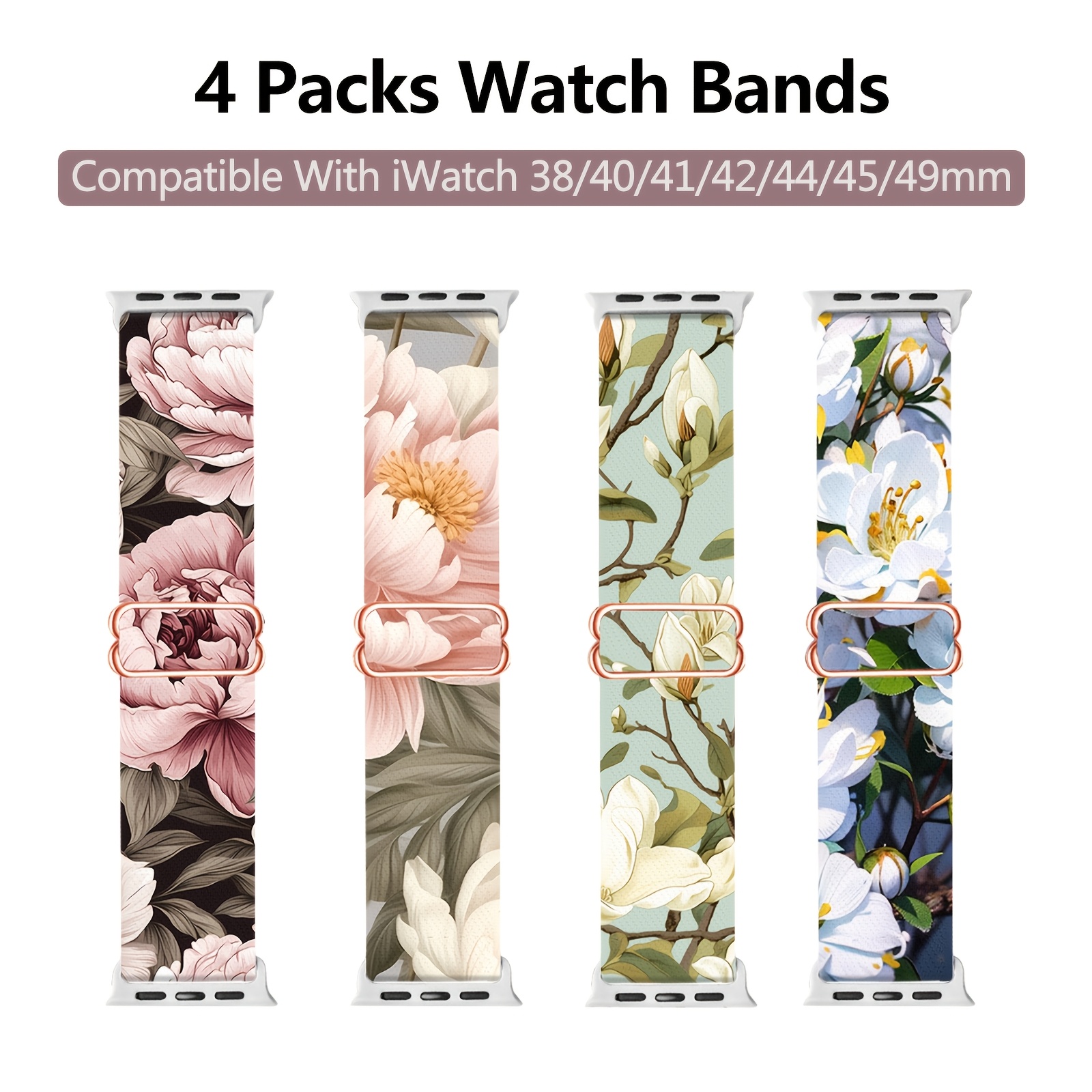 Image of 4pcs Stretchy Nylon Bands For Watch, Gradient Floral Polyamide Adjustable Straps, Compatible With Iwatch -9, Se, And Ultra, For Women