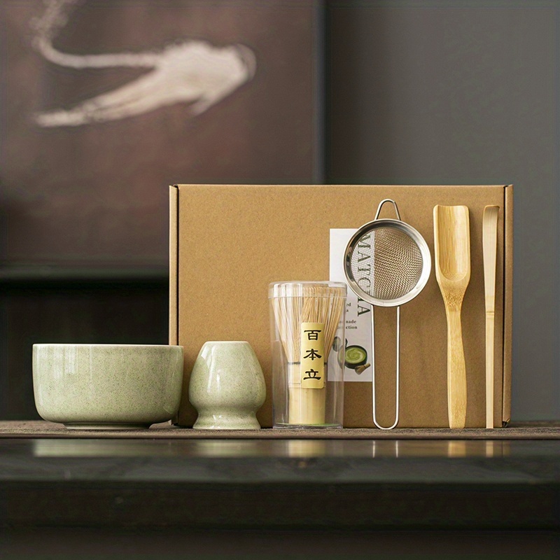 Image of 6pcs Matcha Tool Set, Kiln- Glaze Craft Ceramic Bowl, Bamboo Stirrer, Matcha Bowl, Spoon, Filter, Song Tea Snack Matcha Gift Box Set