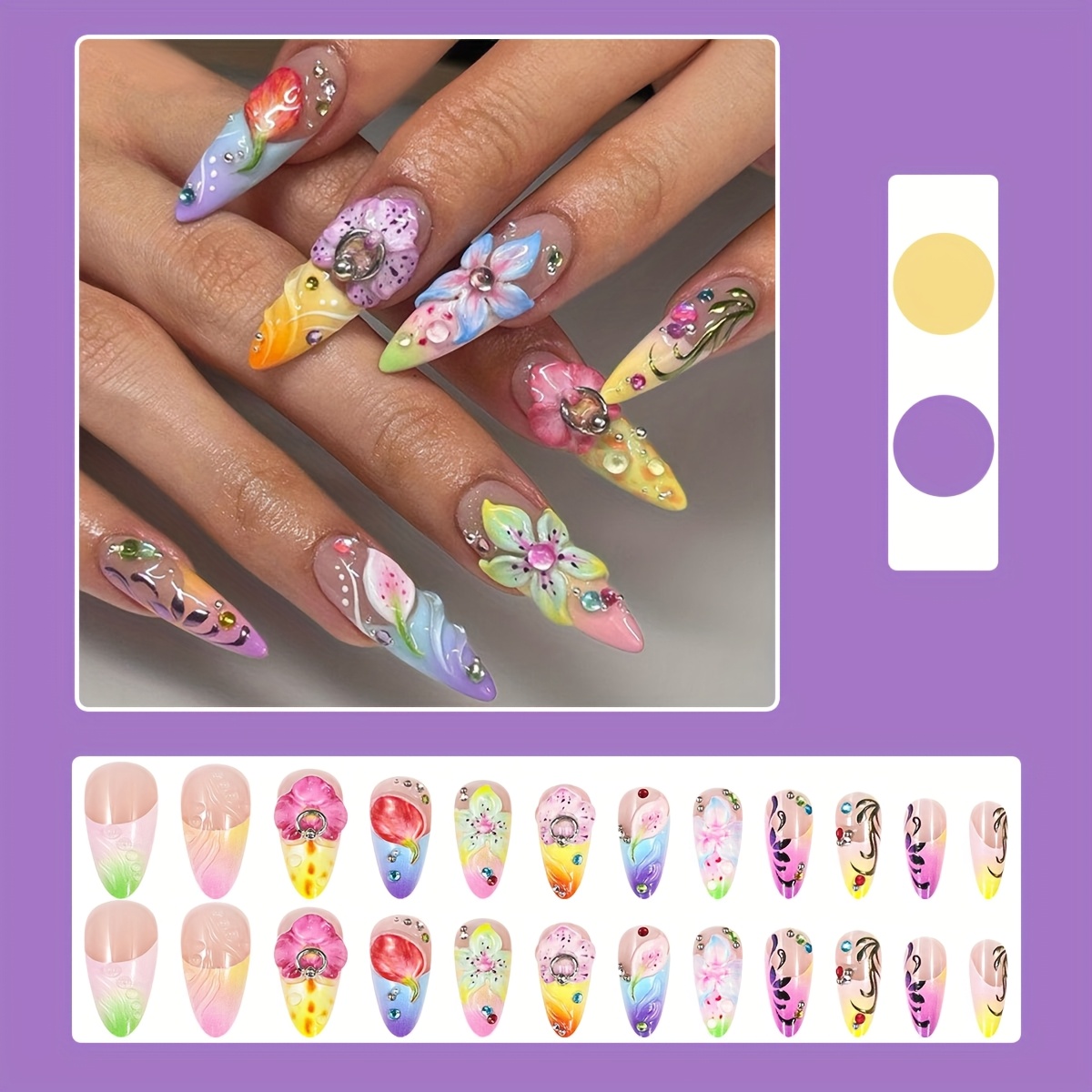 Image of 24pcs 3d Fake Nails With Colorful Gradient & Rhinestone, Easy To Apply Glossy False Nails For Women