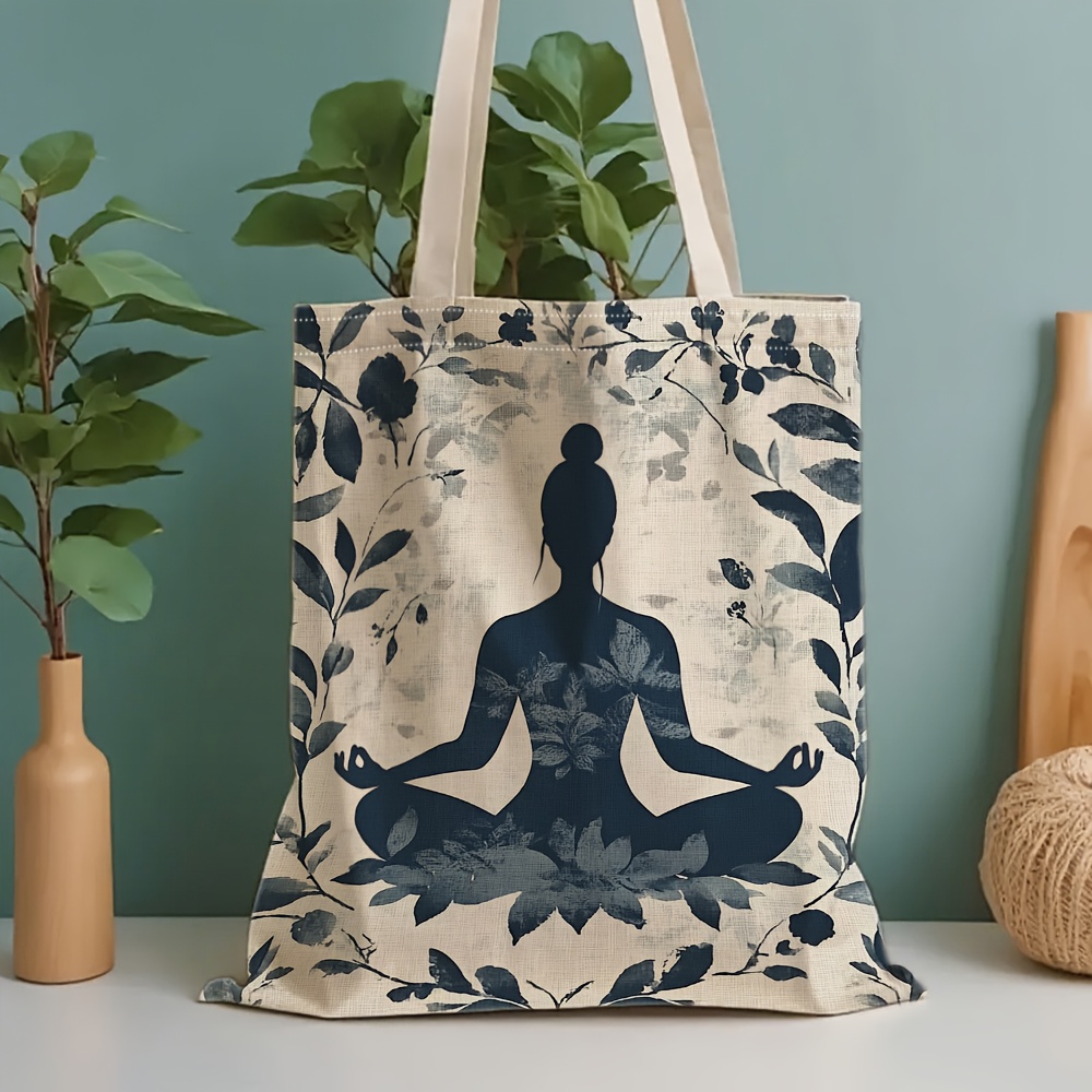 2d Yoga Character Print Canvas Tote Bag, Large Capacity Shoulder & Hand Carry Bag With Student Notebook Storage, Perfect Back-to-school Gift, 2d Flat