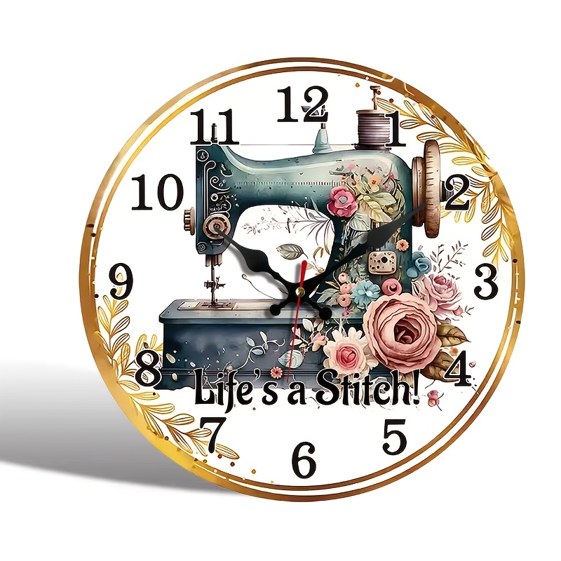 TEMU 1 Round Wall Clock, Retro Sewing Machine Clock, French Floral Wall Clock, Silent Non-ticking Wooden Clock, Suitable For Bedroom Living Room