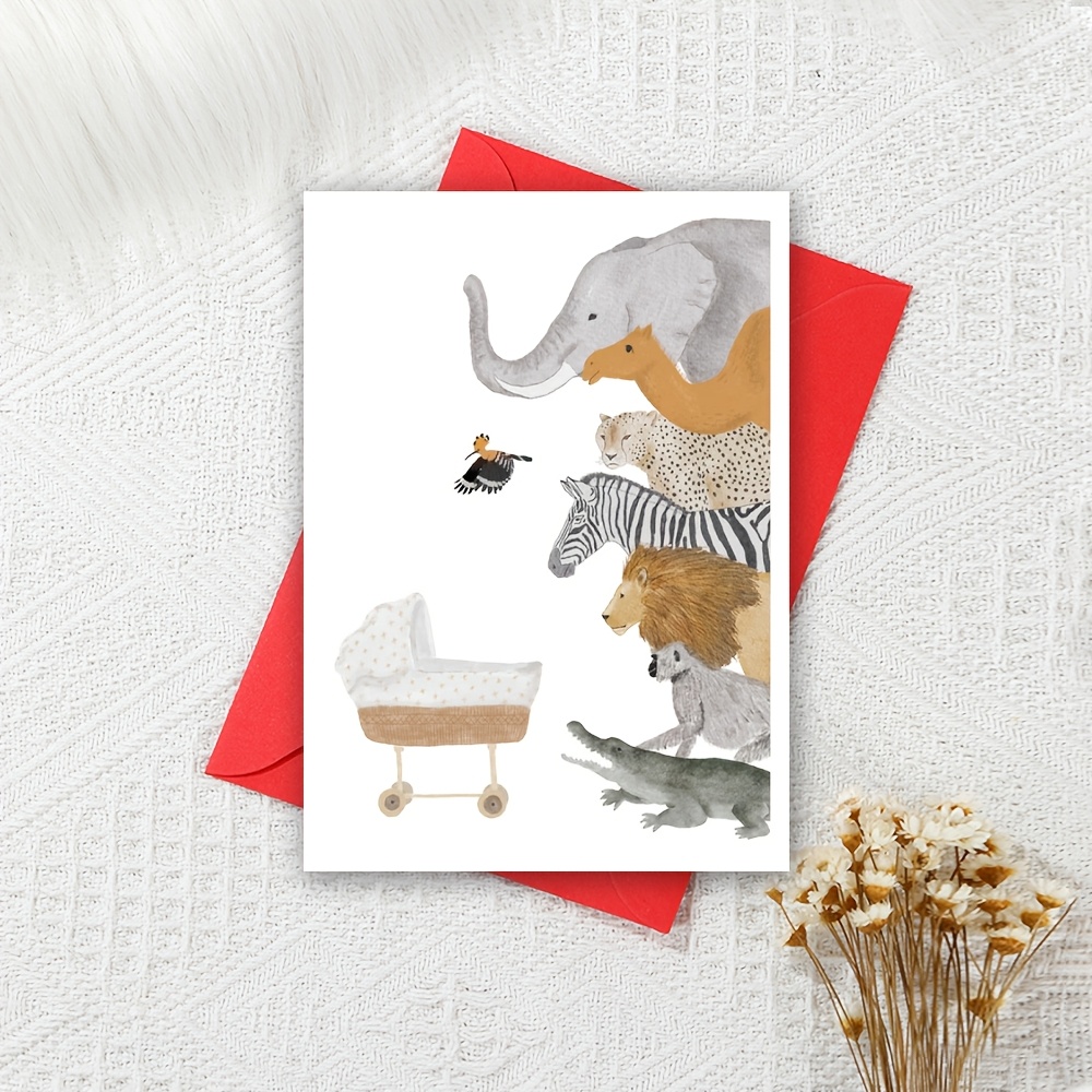 

Carte d'Annonce de Grossesse à Thème Animalier avec Enveloppe Rouge - Illustrations Mignonnes d'Éléphant, , Zèbre, Lion et Crocodile - Cadeau Idéal pour les et les Baby Showers