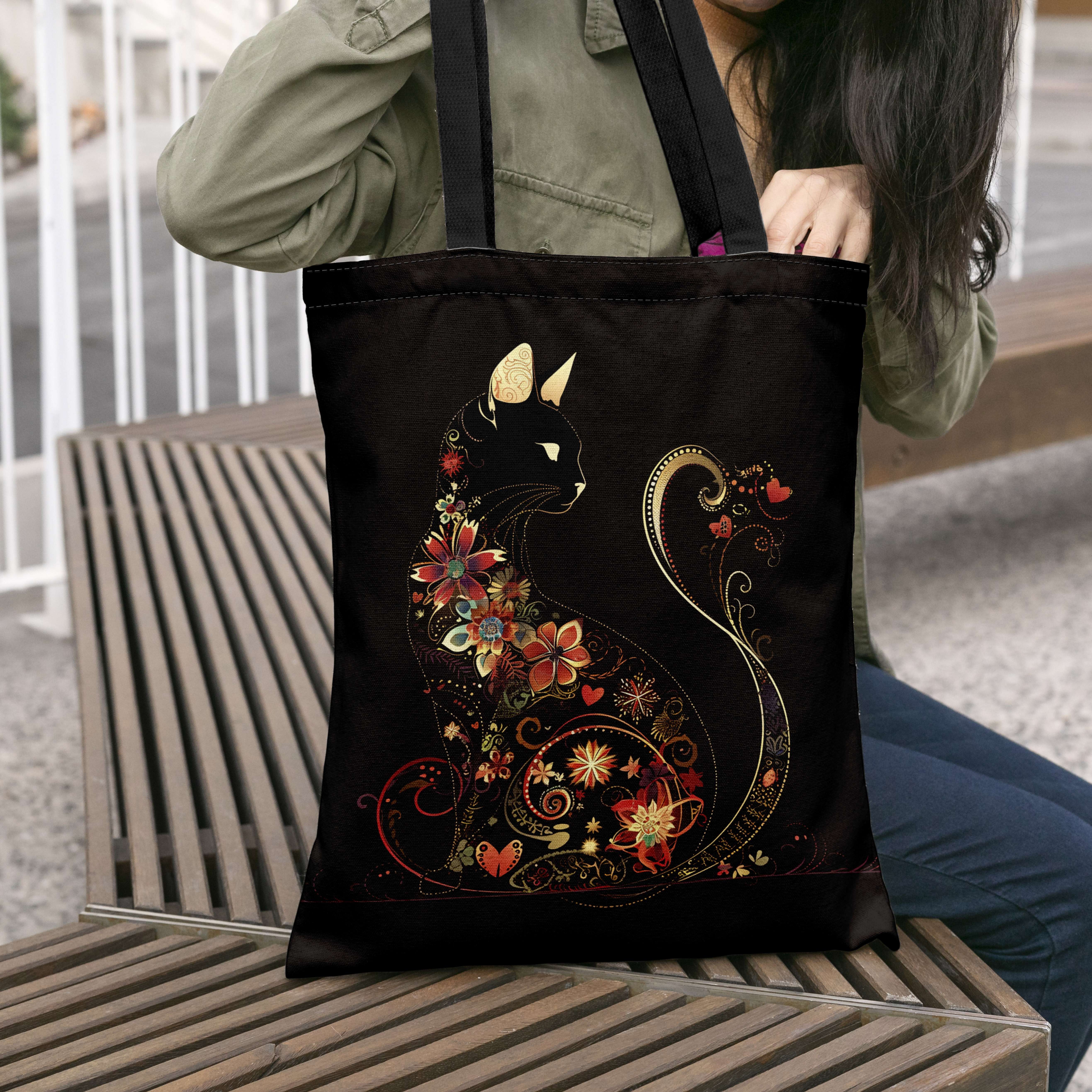 TEMU & Cat Pattern Tote Bag, Large Shopping Bag, Portable Casual Handbag, For Use & Valentine's Day