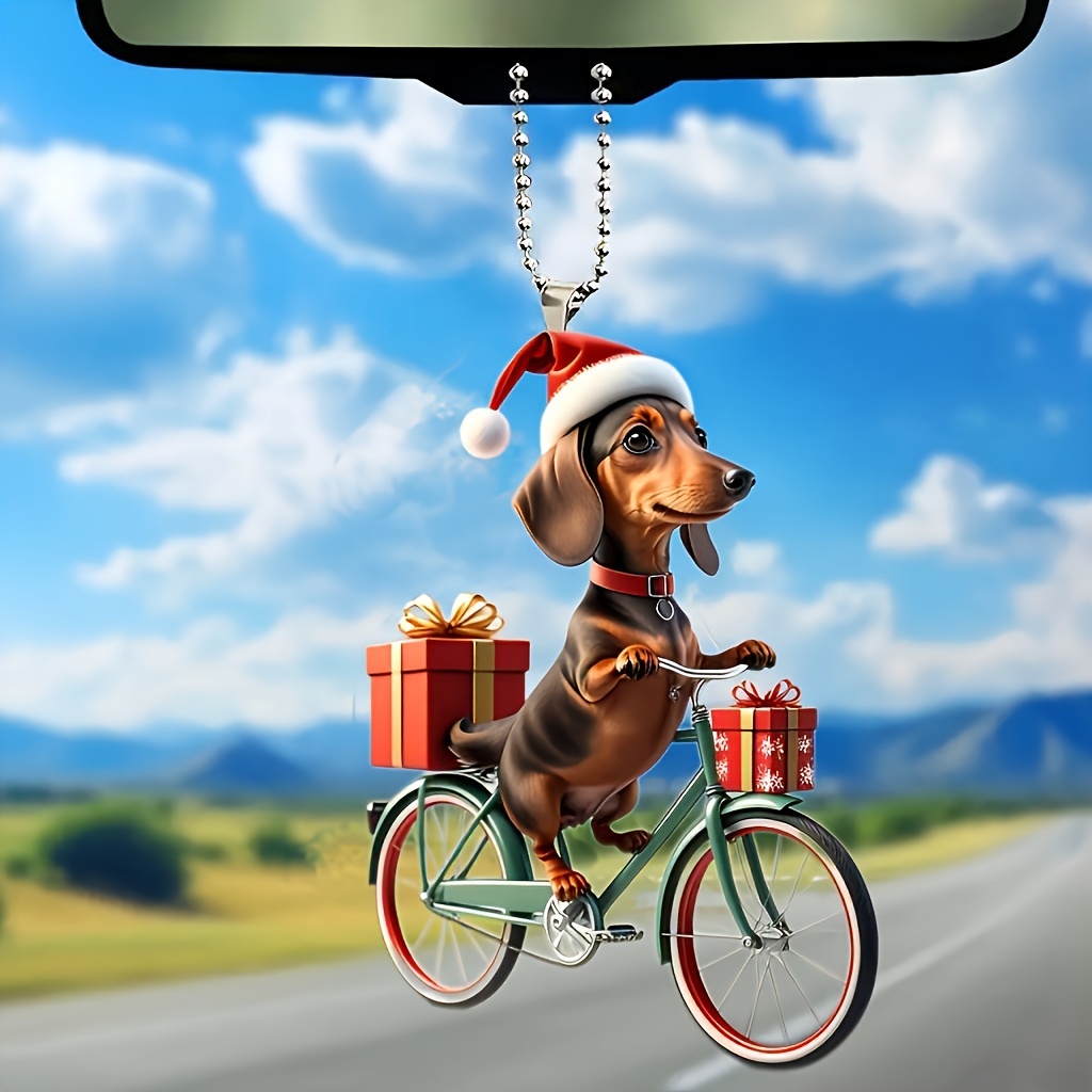 

Festive Christmas Dachshund On Vintage Bike With Gift Box - 2d Acrylic Car Ornament, Perfect For All Seasons