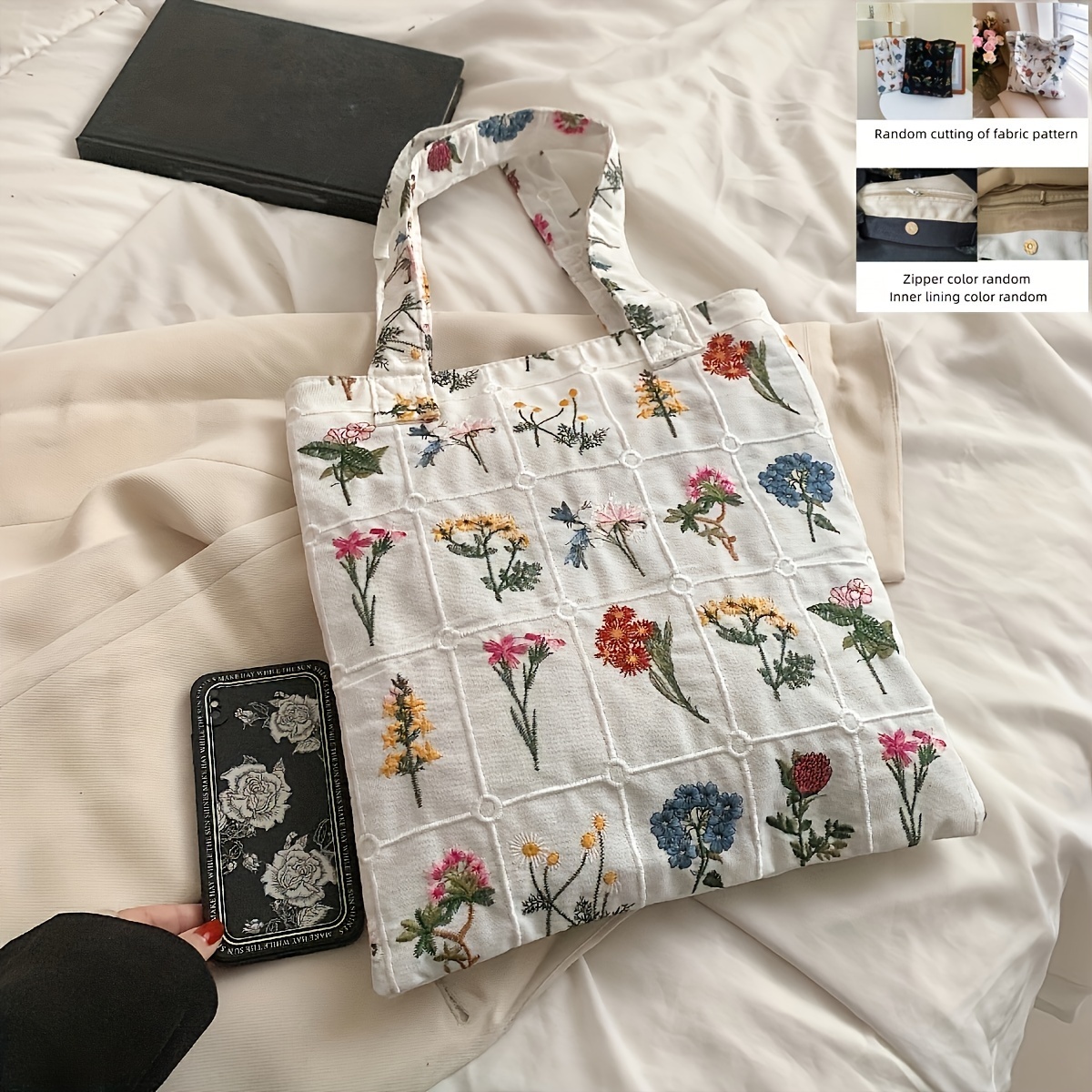 

1pc Floral Embroidery Fabric Tote Bag, Aesthetic Plaid Shoulder Bag, Women's Handbag For Shopping, School, Work