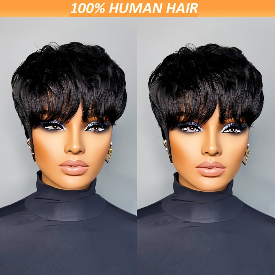TEMU 6-inch Glueless Cut Human Hair Wig For Women - Short Straight Black, 150% Density, Human Hair, Daily & Party Wear, Party Hairpiece | Sleek Short Wig | Quality , Short Hair Wig