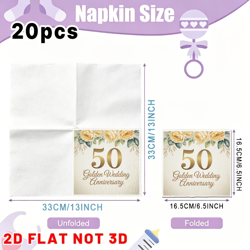 TEMU 20pcs Golden 50th Wedding Anniversary Roses Tissue Paper Hand Towels Suitable For Weddings, Birthdays, Restaurants, Cafes - Elegant Decorative