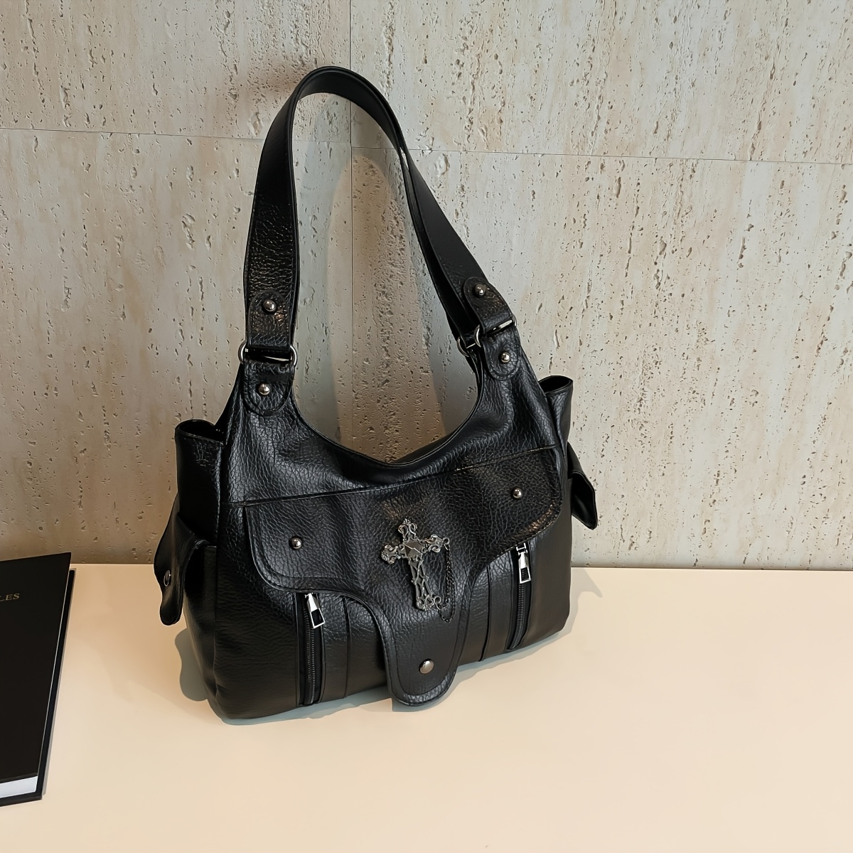 E-shop Xiuya Y2K Schultertasche mit großem Fassungsvermögen, schwarze Cross-Tote, amerikanischer Punk Goth, Mode, einfache Designer-Tasche