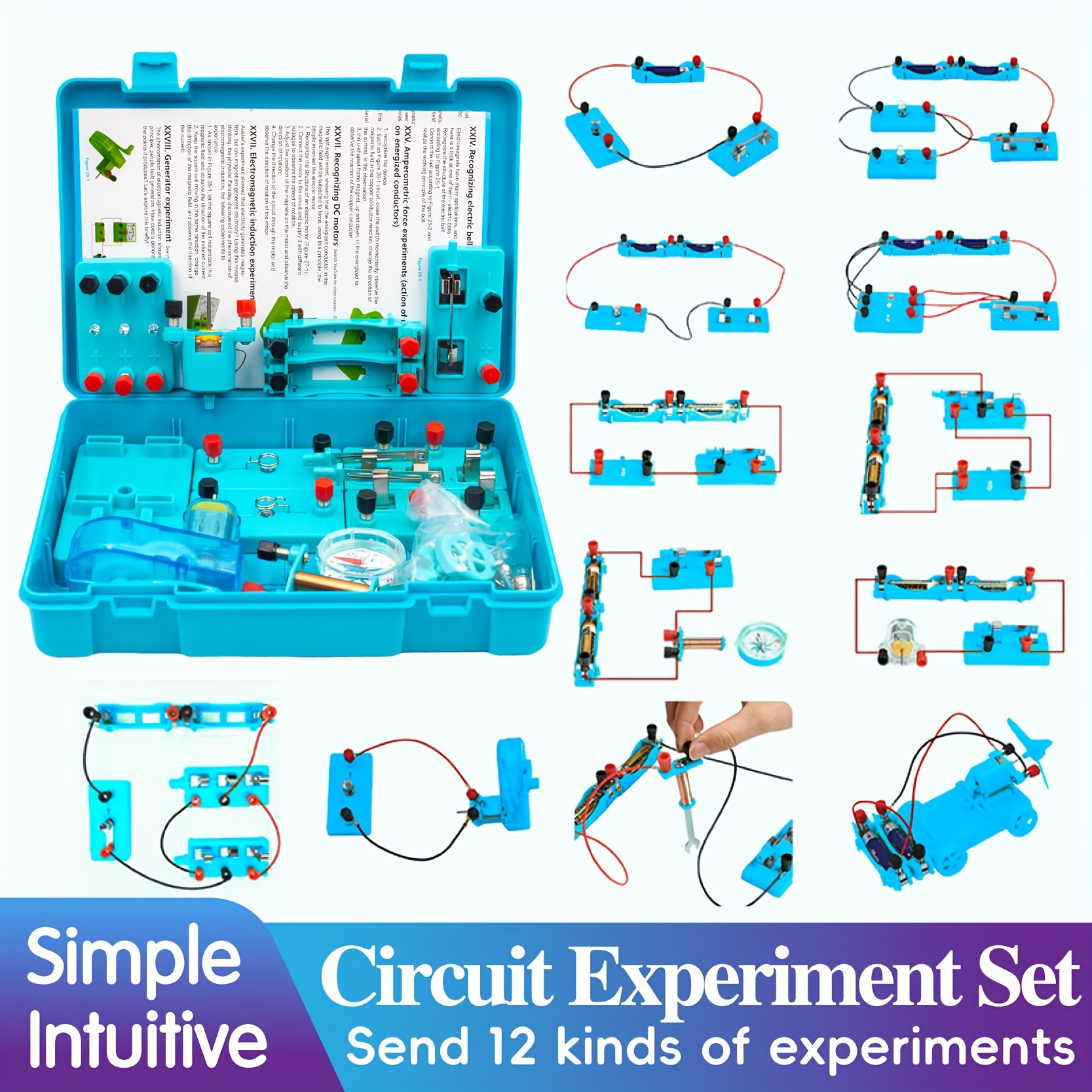 1 סט קיט ניסויים בפיזיקה stem למורים - סט הדגמות כיתתי עם לוח led, מנוע, מאוורר, מצפן - אספקת מעבדה מדעית חינוכית לבית ספר ולבית - כולל מדריך באנגלית - כחול פרטי מוצר 1