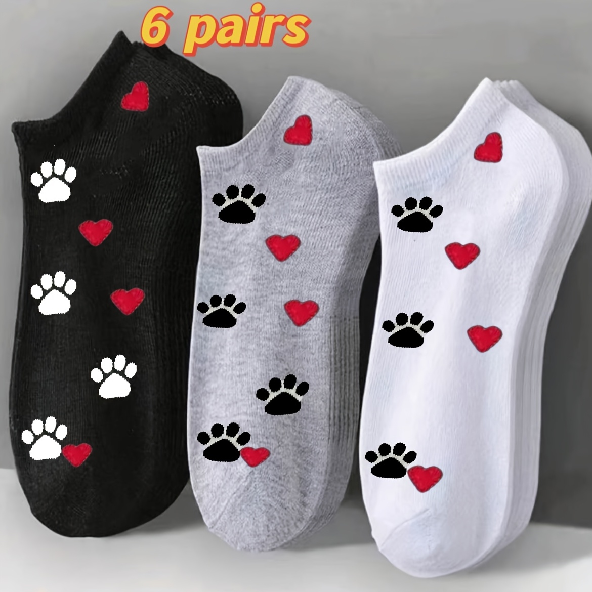 Image of 3 Pairs/6 Pairs/9 Pairs Pack Women's Cat Paw And Heart Socks, Comfortable And Easy, Suitable For Outdoor, Casual