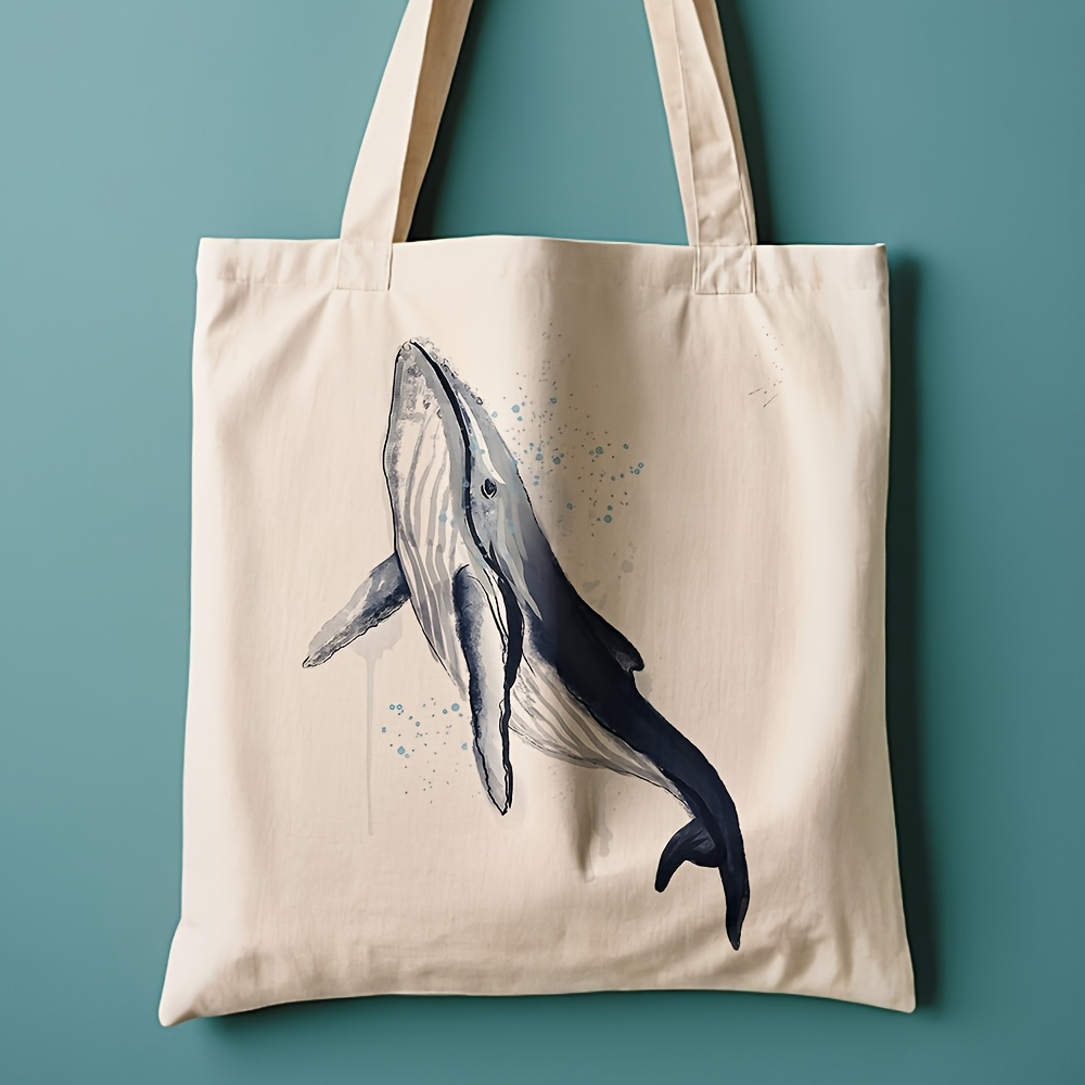 E-shop Wasserfarben-Wal-Design Canvas-Tragetasche – Wiederverwendbare, langlebige Polyester-Schultertasche für Einkaufen, Pendeln & Strandurlaub –