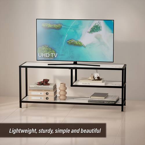 JEENWUR Meuble TV Extra Long 120 cm/47 Pouces - Console Moderne Robuste avec Construction Solide, Étagères Ouvertes et Rangement Fermé, Montage Facile, Blanc/ /Marron - Unité TV Stable pour Grands Téléviseurs, Meuble de Salon, Design Économiseur d Espace, Cadre en Bois Dur, Style , Rangement Abondant pour s et Électronique, Convient pour Décor Moderne et , Meuble TV pour Salon, Meuble TV avec Rangement, Table TV pour Chambre,