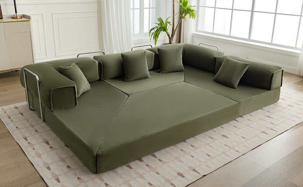 KERDOM Chenille Oversized Sleeper Sofa Couch, 170 Inches Extra Long Convertible 3-4 Person Pull-Out Sofa Bed, Sectional Convertible Corner Sofa, Combination Spliced Block Sofa Side Table