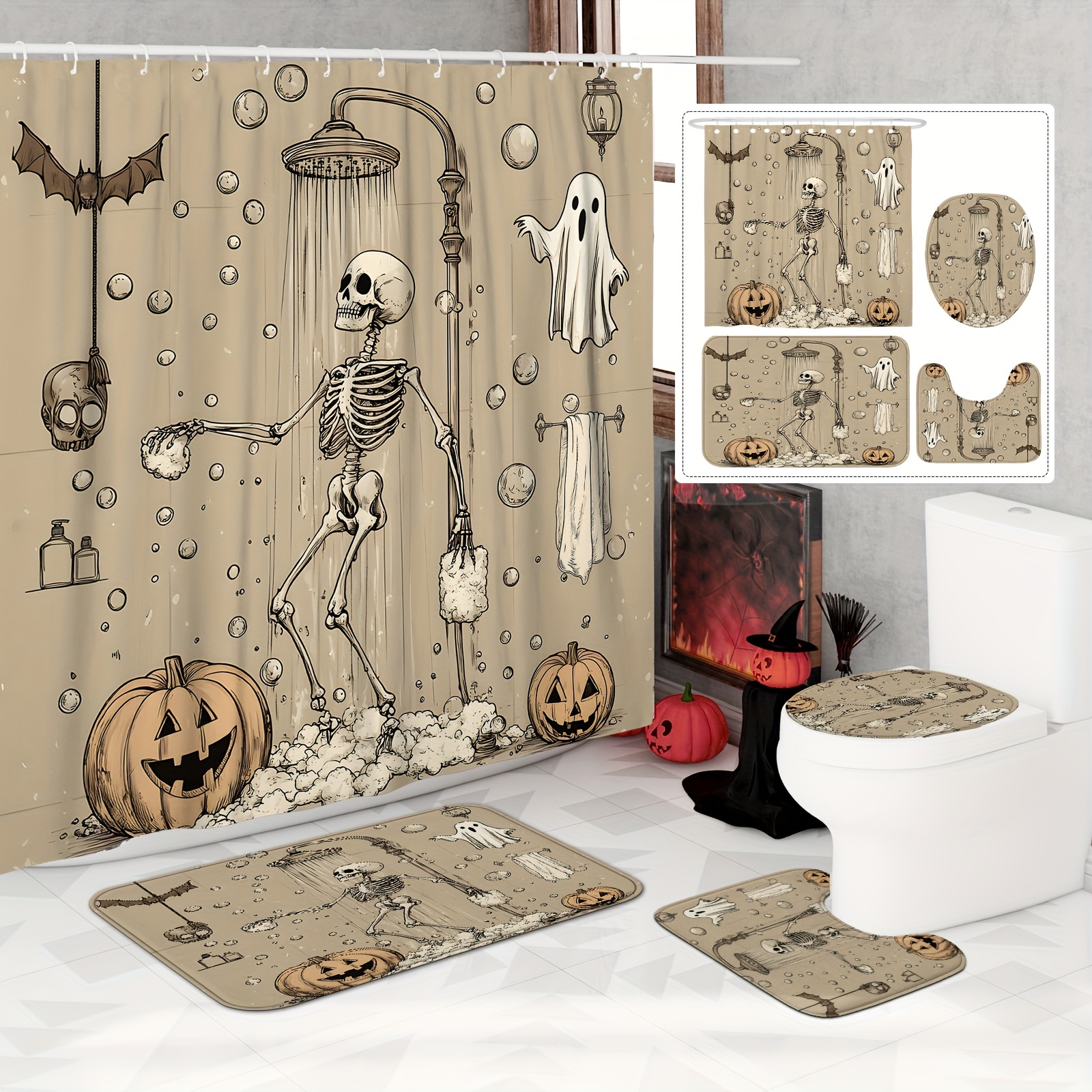 

Shower Curtain Set (1pc/4pcs Option) - Vintage Horror Theme With Skeletons, , And Pumpkins - Waterproof Polyester, Includes Non-slip Bath Mat & U-shaped Toilet Lid Cover - Autumn Bathroom Decor