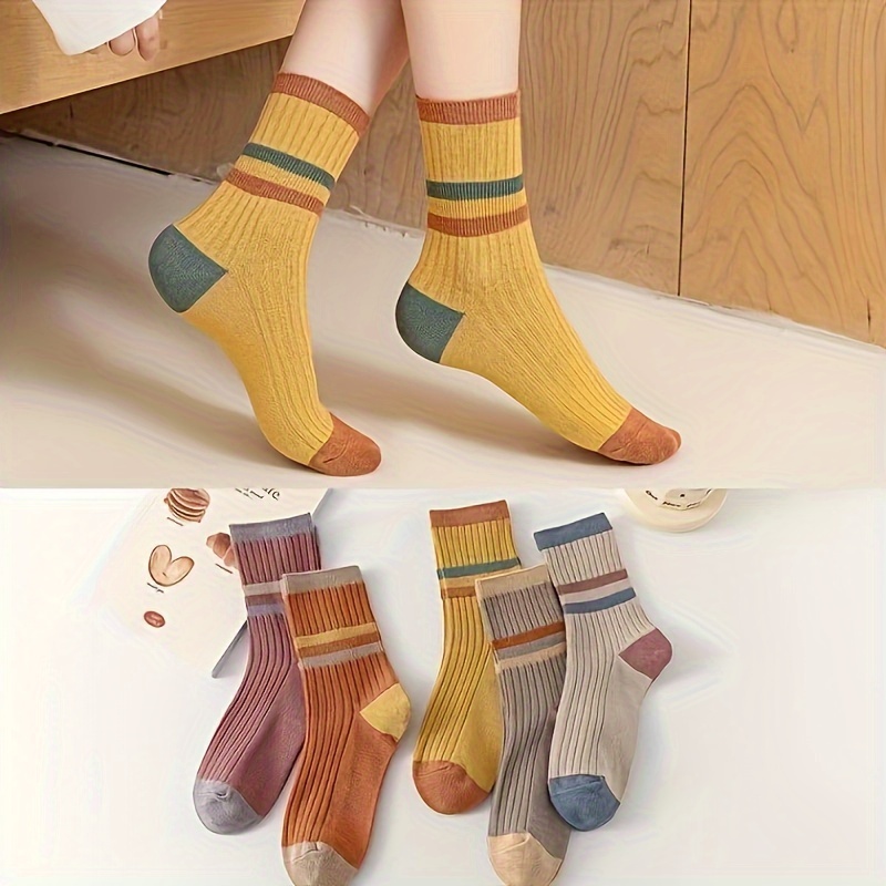 

5 Pairs Colorblock Striped Socks, Comfy & Breathable Mid-calf Socks, Women's Stockings & Hosiery