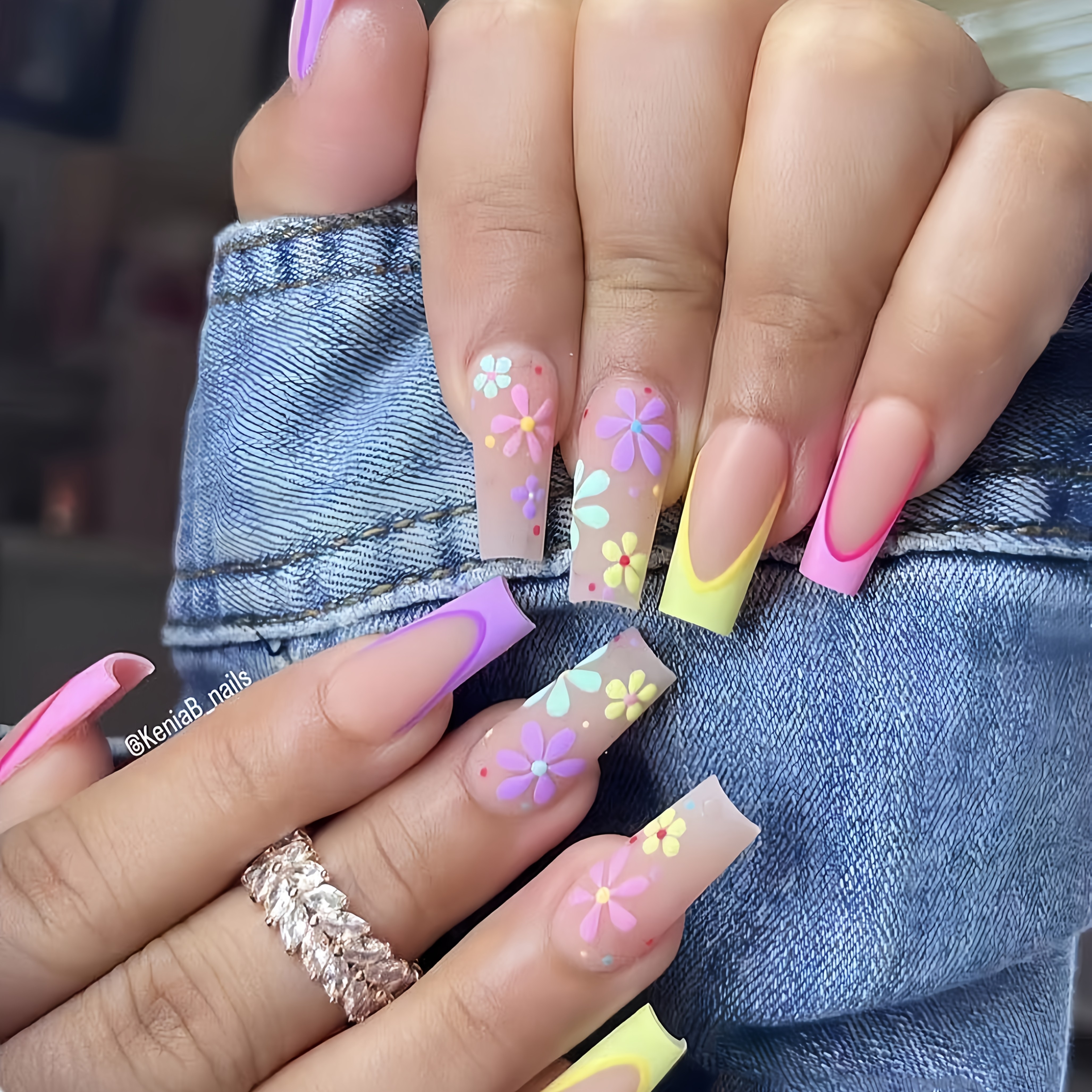 TEMU Uñas postizas para mujer, estilo cuadrado largo, de uñas con color , diseño floral multicolor con francés, uñas reutilizables removibles a