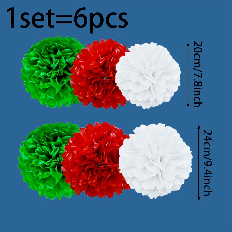 Image of 6pcs-red Green White 7.8inch And 9.34inch Christmas Paper Pom Poms, Handcraft Paper Decorative Tinsel Balls, Christmas Backdrop Wall Decoration Props, Gathering Supplies