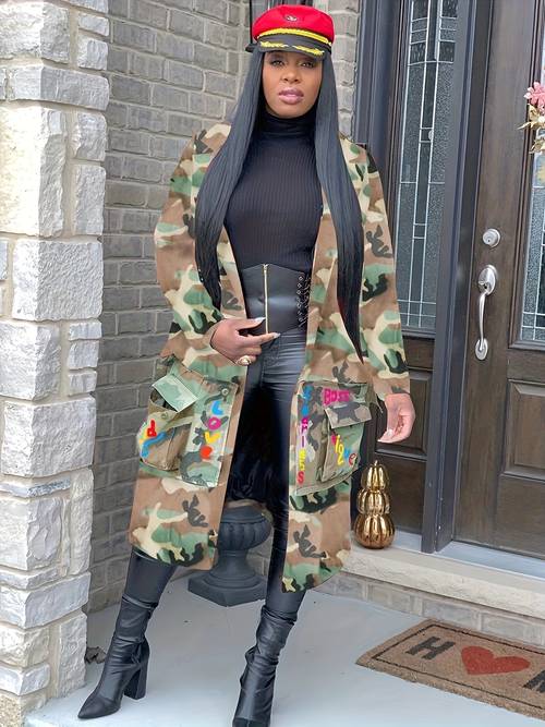 medium long casual fashion european and american camouflage print patched coat jacket